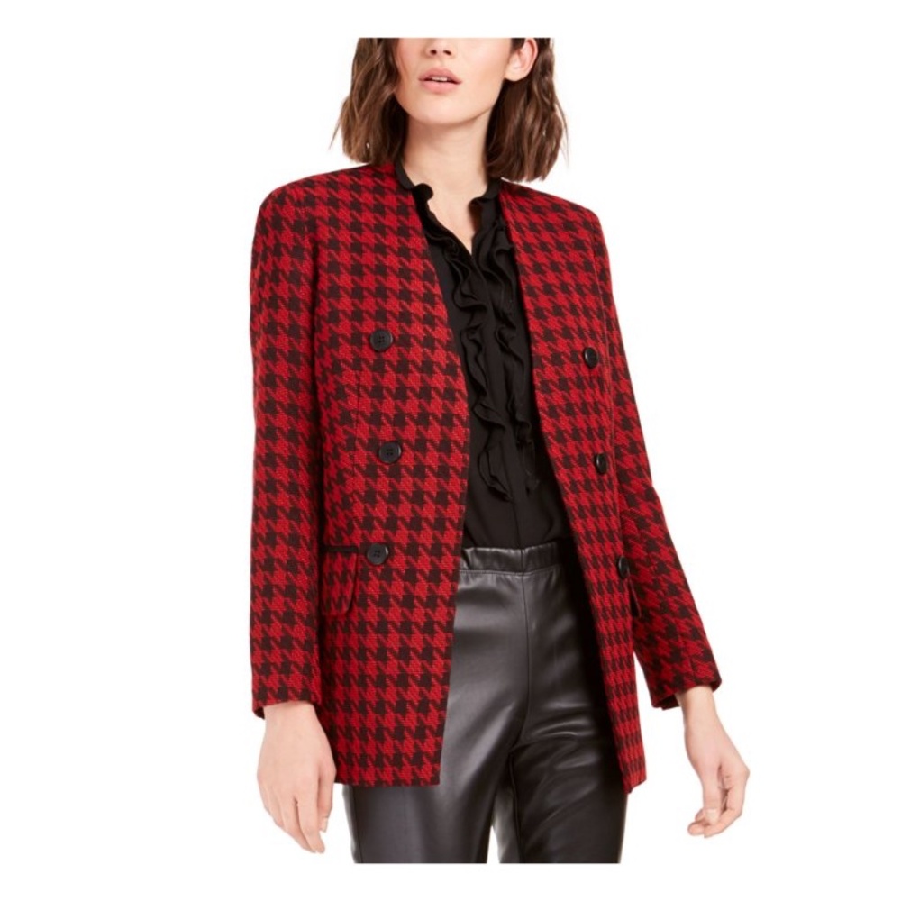 Bar III Black Red Houndstooth Double Breasted Collarless Blazer Jacket sz 2 Fall